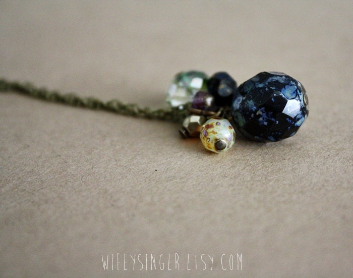 neutral colors czech glass bead cluster 26" necklace - black