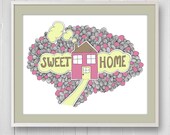Illustration Print, Hand Drawn House and Clouds Line Drawing, Sweet Home Quote, Housewarming New Home Gift, pink brown yellow, 8x10"