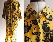Vintage 80s Top Shop black and yellow long shirt dress with oriental style pattern, 3/4 sleeves size 10