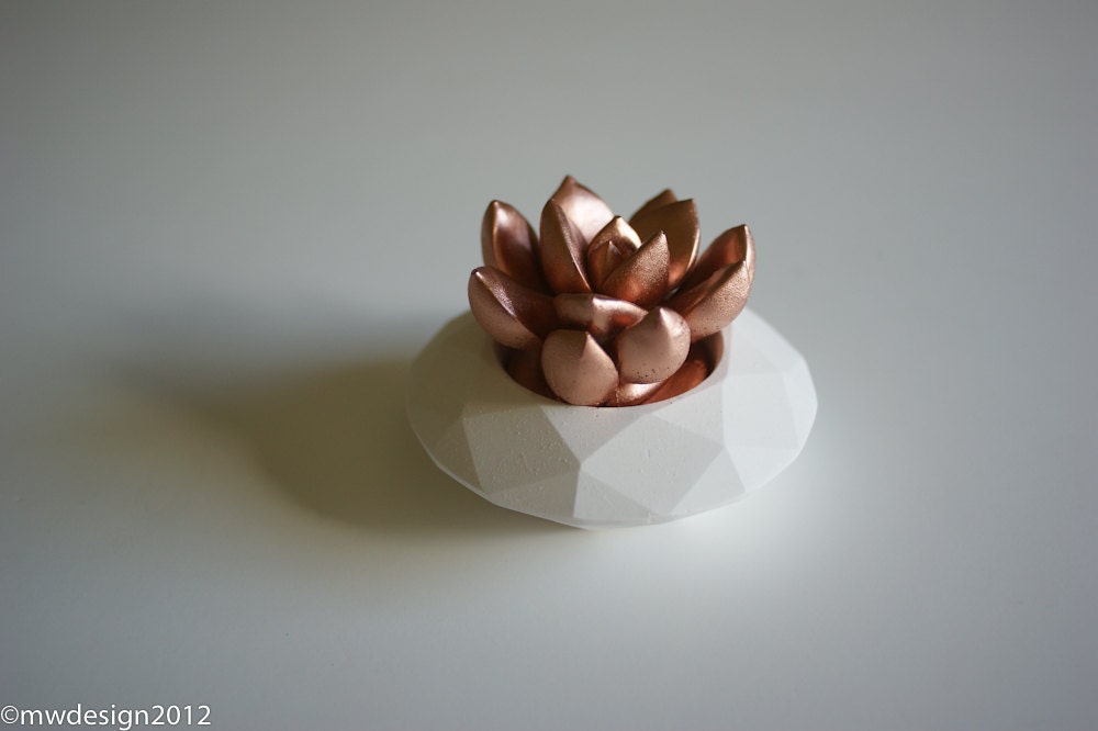 Succulent Sculpture in White Modern Faceted Geometric Container, Tabletop Garden Centerpiece, Desktop Accessory