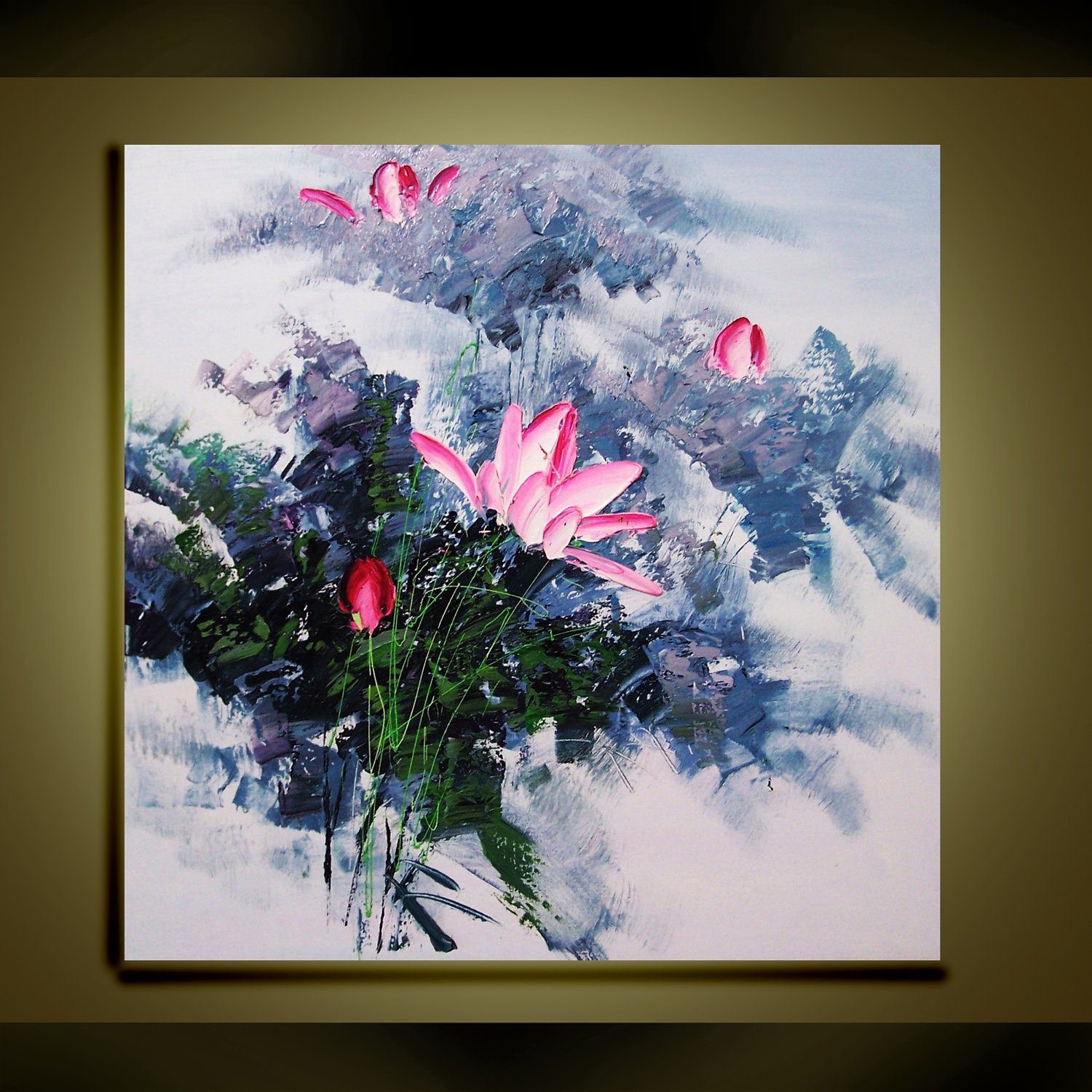 Original Oil Painting  Abstract Modern Palette Knife Floral fine art on Canvas Lovely lotus Ready to Hang by Qujun 28" by 28"