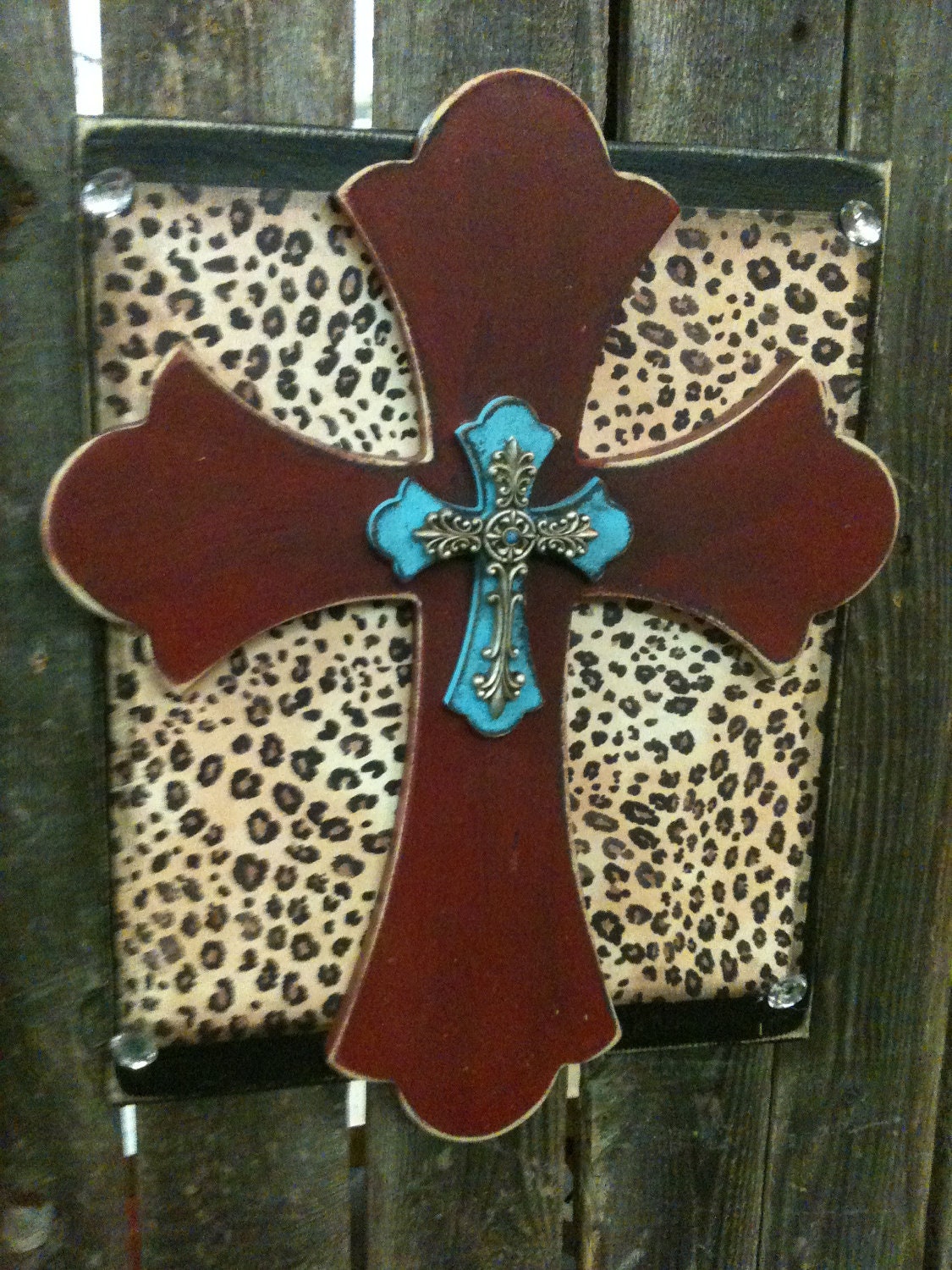 Wooden Stacked Cross Plaque - Hanging Wall Cross - Cross Home Decor - Decorative Cross - Leopard Cheeta Red Tourquoise Cross