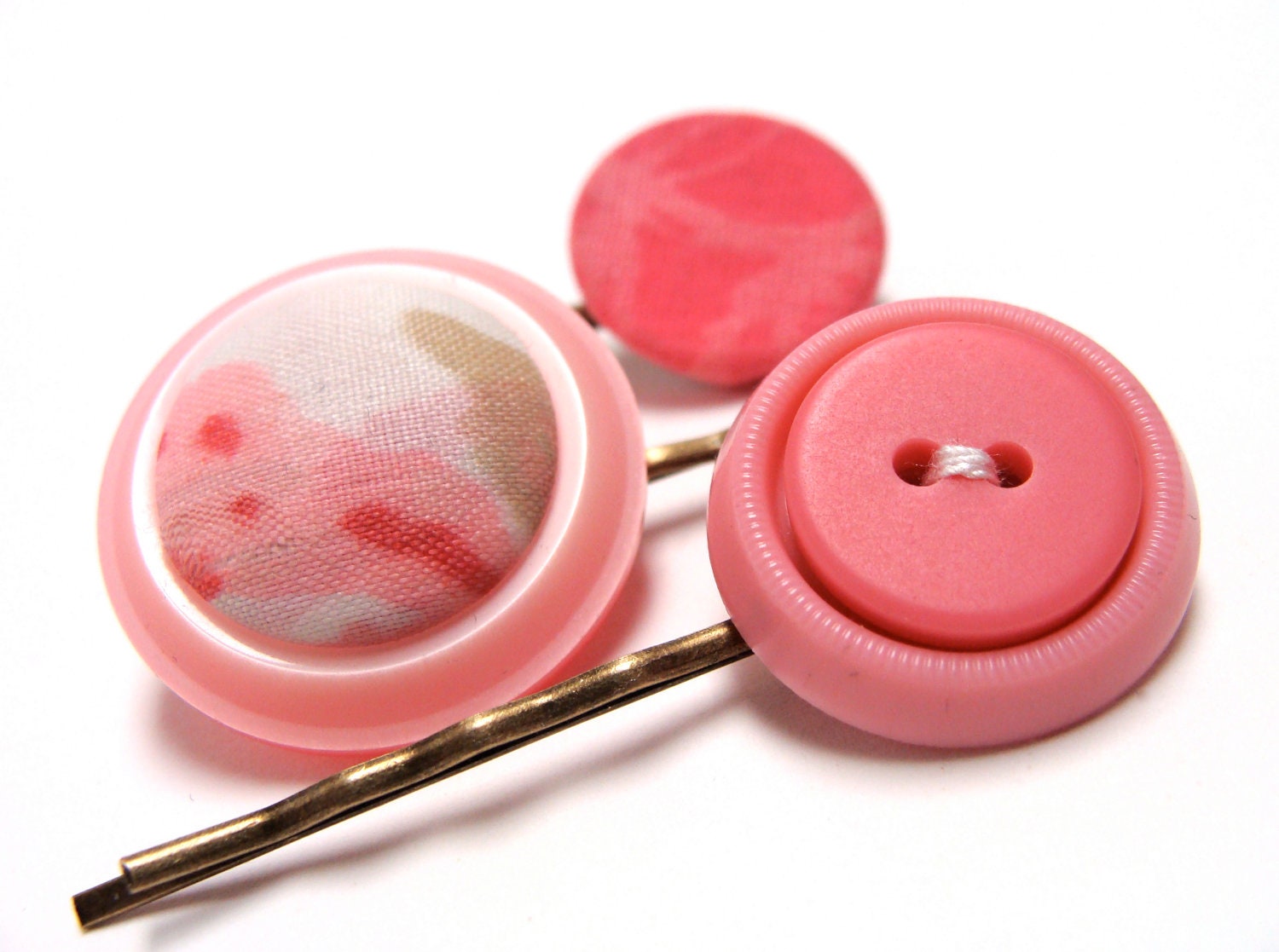 Pink Hair Pins, Button Bobby Pins, Retro Hair Accessories, Eco Vintage Fabric, Cottage Chic Hair Clips - "Cotton Candy Buttons"
