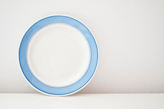Vintage pottery plate - blue strips - made in Soviet Union