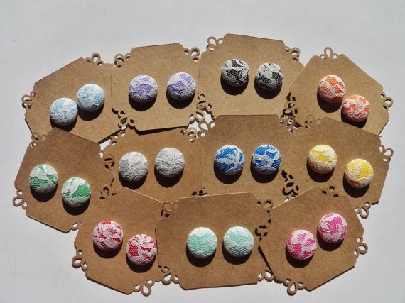 5 Button Earrings for 20 - Fabric Covered Button Earrings - Hypoallergenic Post - Lace Earrings - Stud Earrings