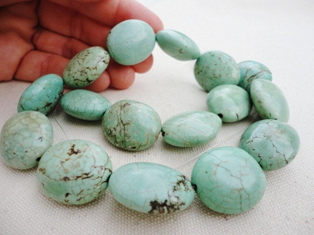 1 strand Howlite Chunky Large Beads, Natural Mineral, Green Turquoise, Dyed, Oval, 30mm, Jewelry Making Findings