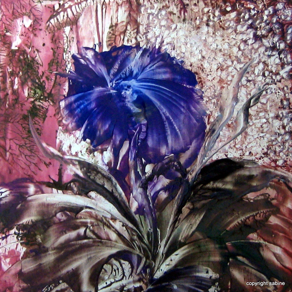 Original Encaustic Abstract Floral 12"x12" "Rainy Day Blues" StudioSabine