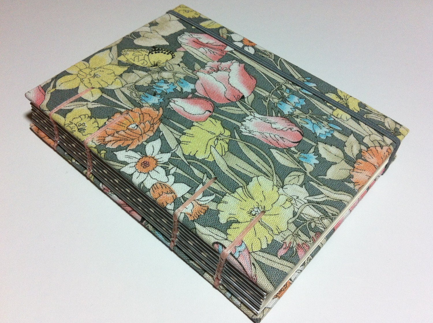 Handmade Fabric Journal Notebook - Coptic Stitched - Pastel Flowers on Gray