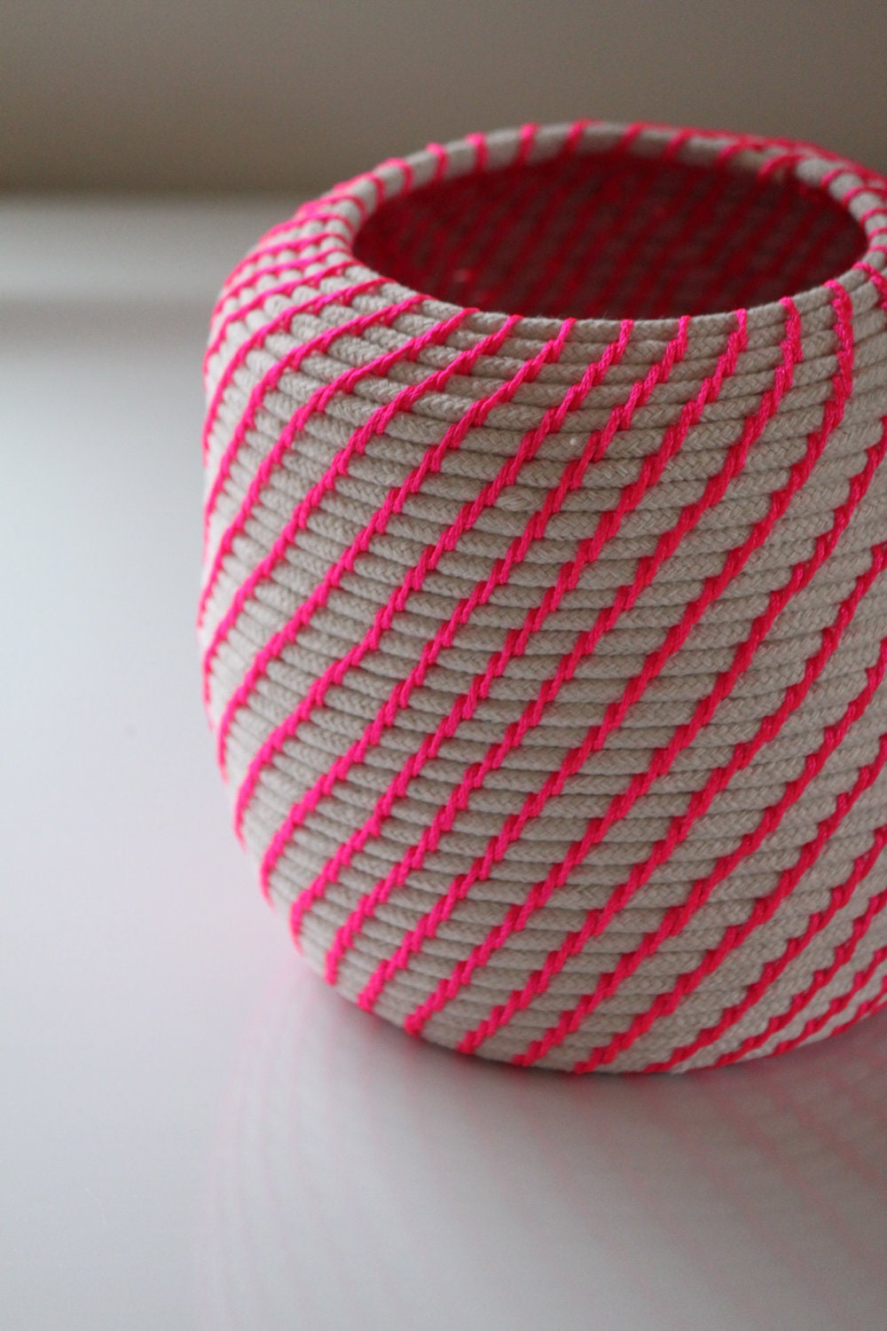 Upcycled Natural & Neon Rope Basket: Pink / Coiled / Extra-Large