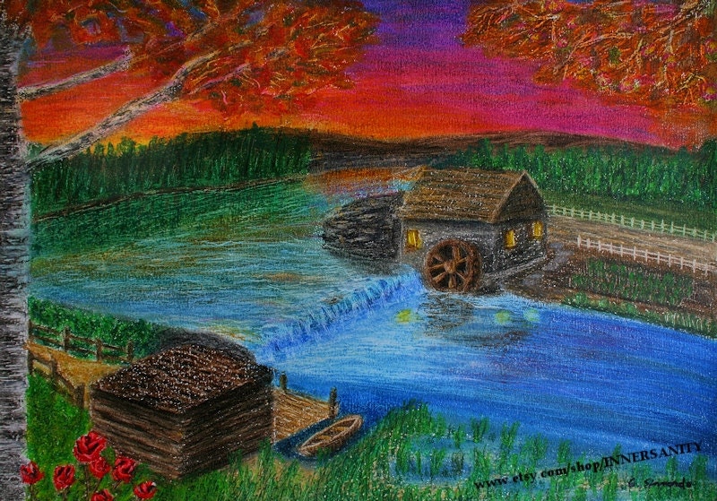 Sunset River - Original Oil Pastel Painting, Autumn, Waterfall, Sunset, Trees, River, Landscape, Home Decor, 9x12, Fine Art Print - INNERSANITY
