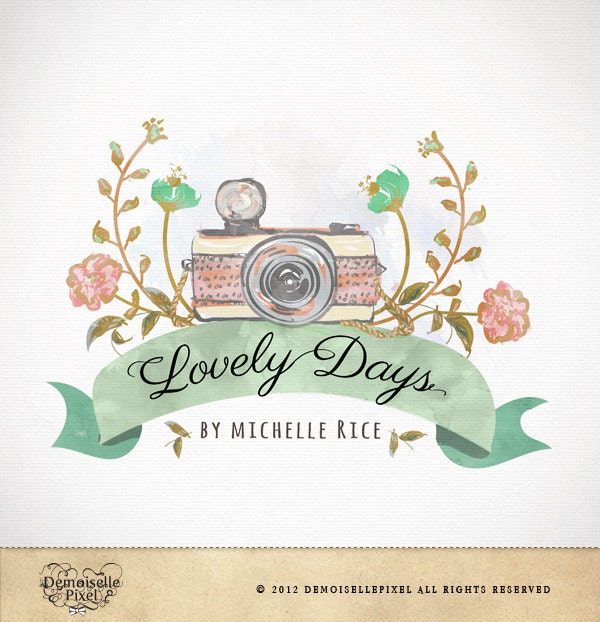 Photography Logo Custom Premade Watercolor Camera & Flowers Design for Photographers