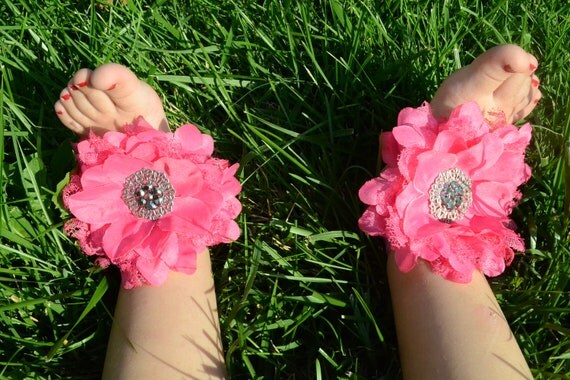 Hot Pink Baby Barefoot Large Shabby Flower Sandals for Newborn Baby or Toddler Girls, Baby Booties,  Baby Sandles