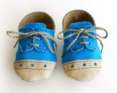 Baby Shoes Boy or Girl- Blue Canvas with Brogued Leather Crib Shoes