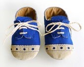Baby Shoes Boy or Girl Royal Blue Canvas with Brogued Beige Leather Crib shoes