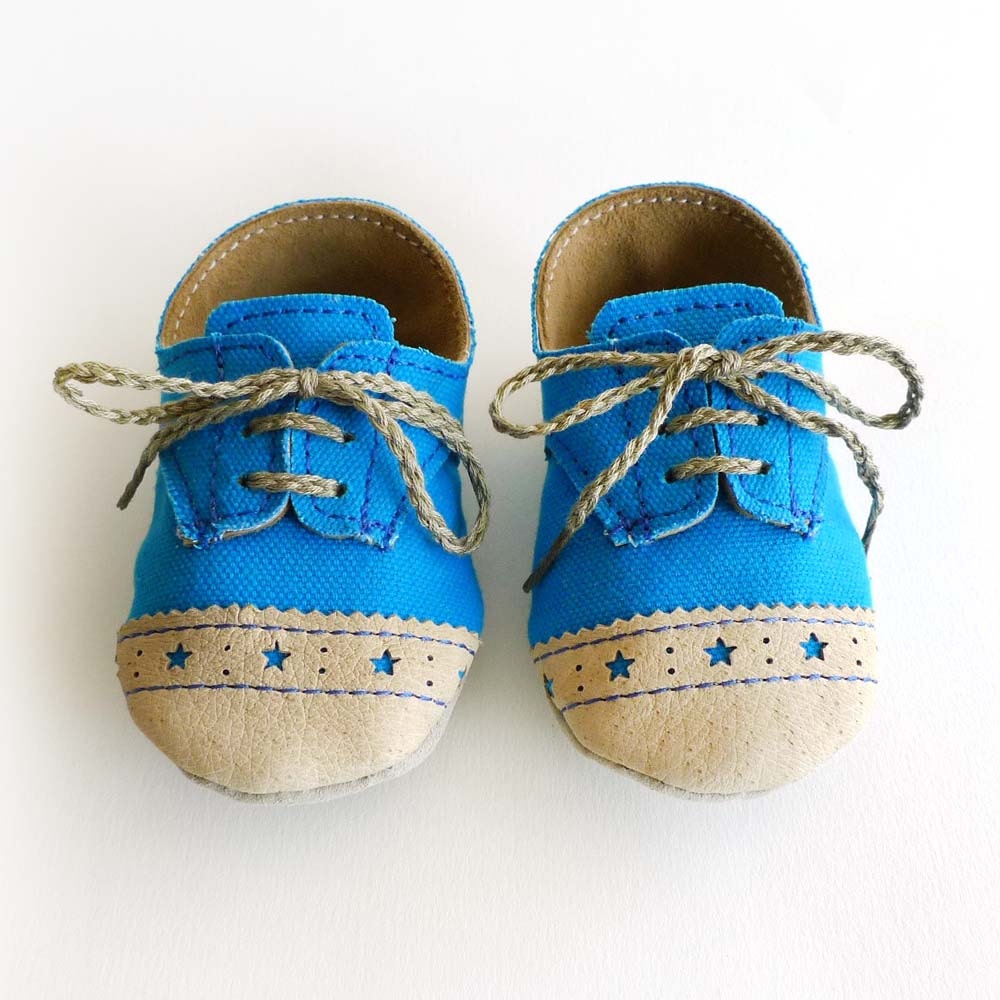 Baby Shoes Boy or Girl- Blue Canvas with Brogued Leather Crib Shoes