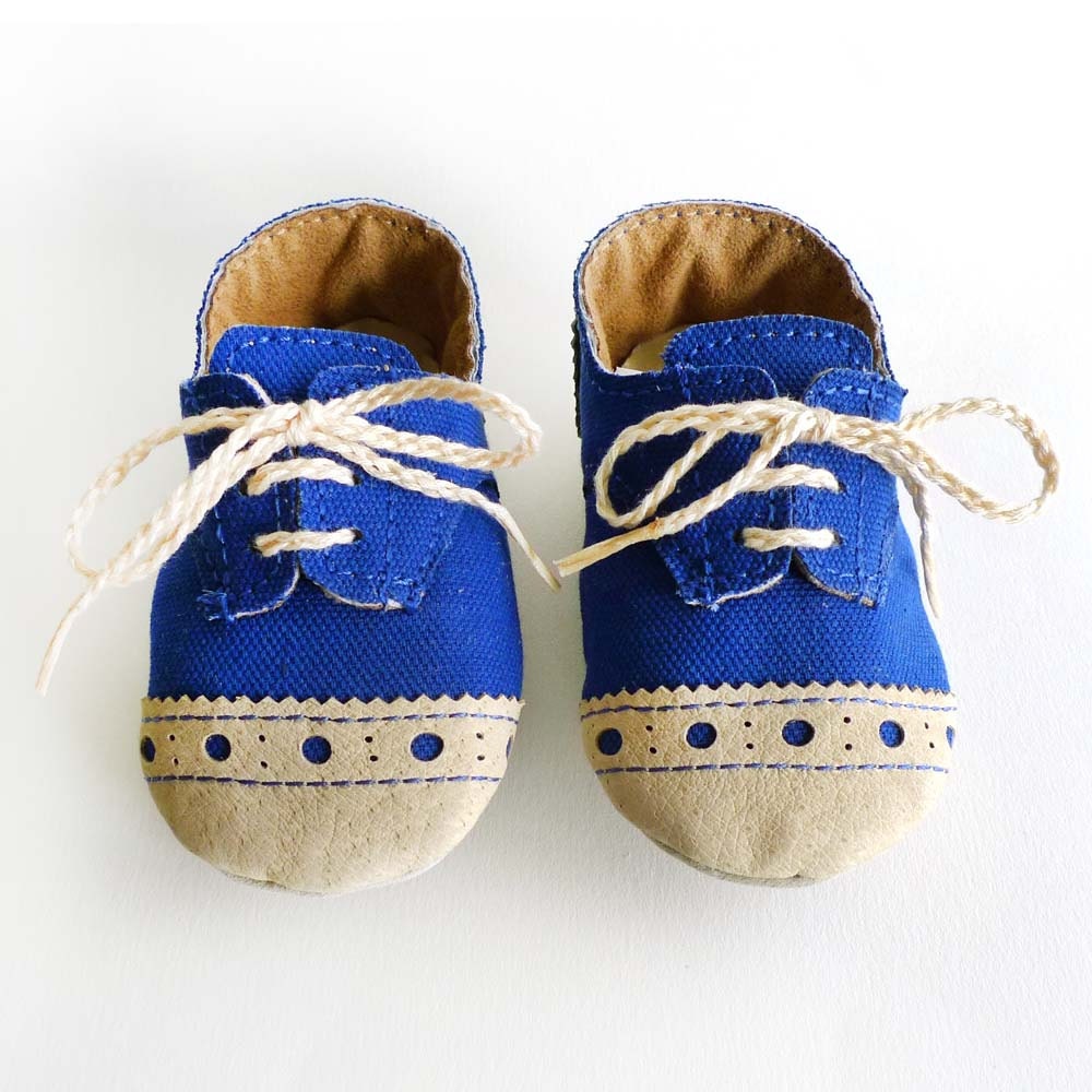 Baby Shoes Boy or Girl Royal Blue Canvas with Brogued Beige Leather Crib shoes