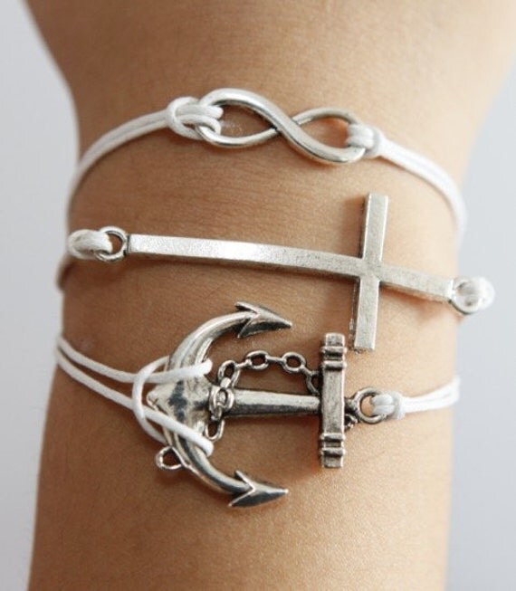 Karma cross anchor silver bracelet white wax cord bracelet in any size bracelet