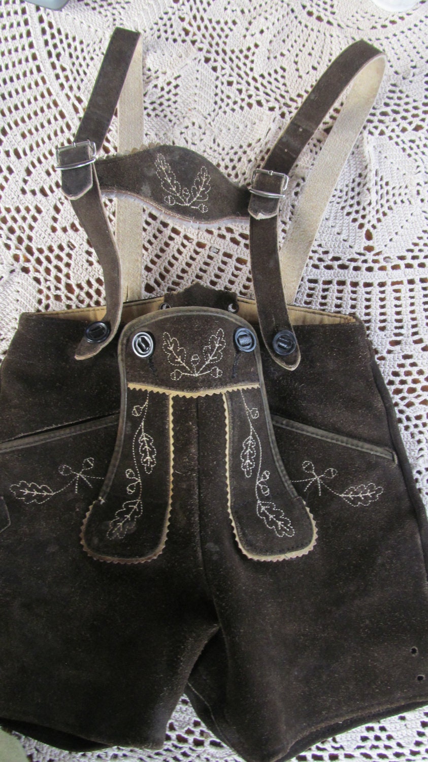 Vintage German Toddler Knickers Lederhosen Suede Leather and Embroidered Oak Leaves and Acorns Vintage Childrens Clothing Sweedish Attire