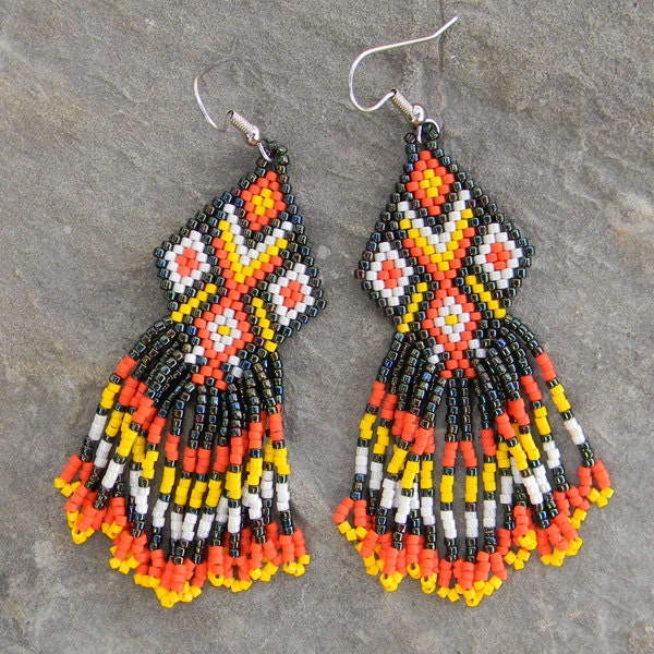 Colorful Native American Style Seed Bead Earrings in orange, yellow, dark green  and beige tones