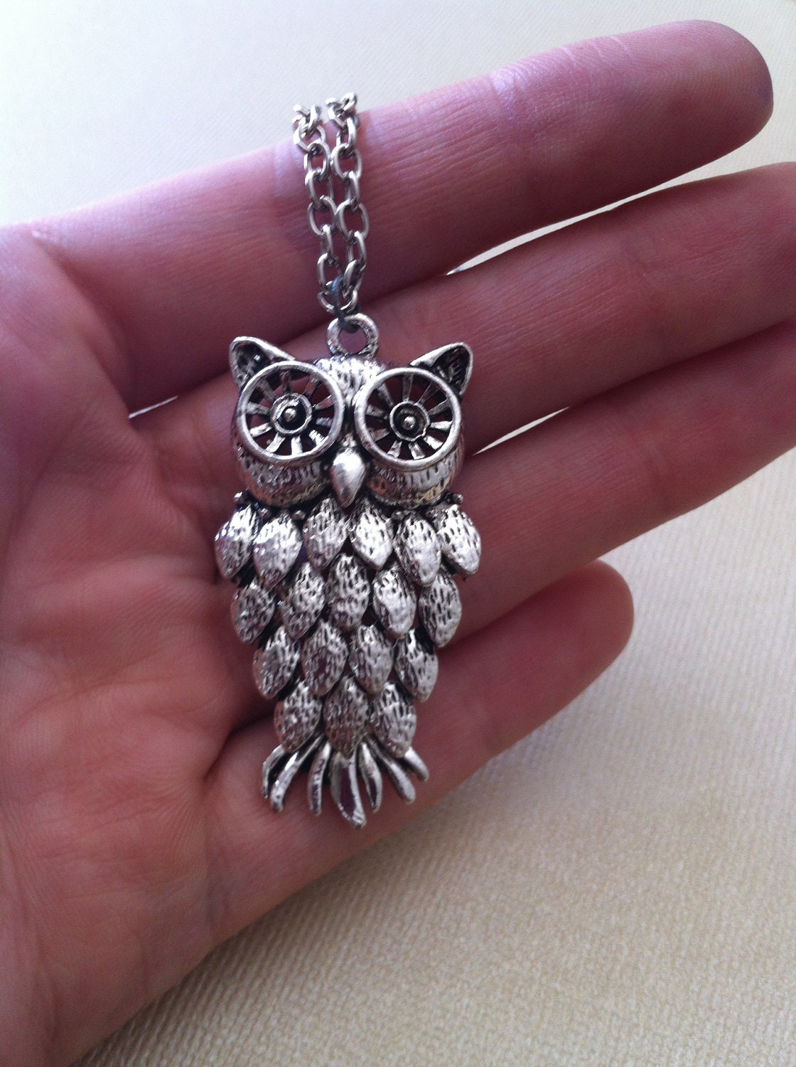 Chipper owl pendent necklace, bird owl pendent, silver plated metal, silver chain, forest woodland jewelry