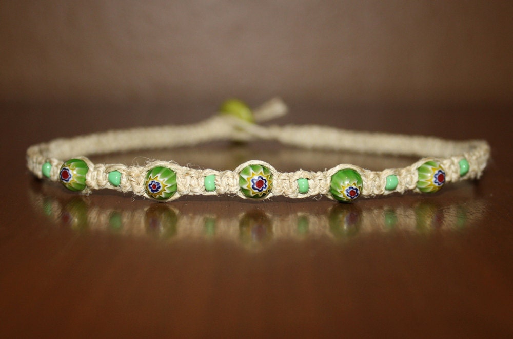 Lime Green Glass Flower Beads - Hemp Choker Necklace - Square Knot - Women Teen Girl Child Kid