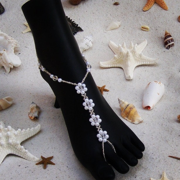 Beach wedding pair of  Beaded Barefoot Sandals Pearls and Crystals Flowers