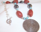 Hematite nuggets necklace, red coral and turquoise necklace, stone jewelry