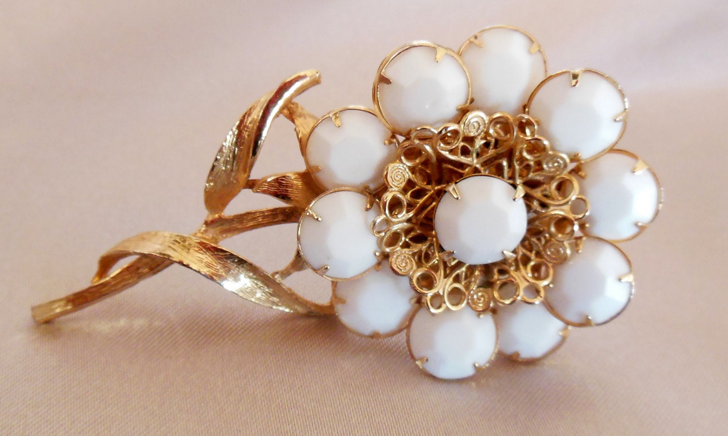 Vintage Floral Brooch Gold Milk Glass Rhinestones