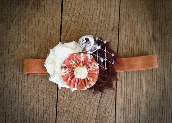 Vintage collection: Pumpkin spice vintage shabby chic headband. Baby girl headband. Autumn headband. Thanksgiving headband. Fall headband