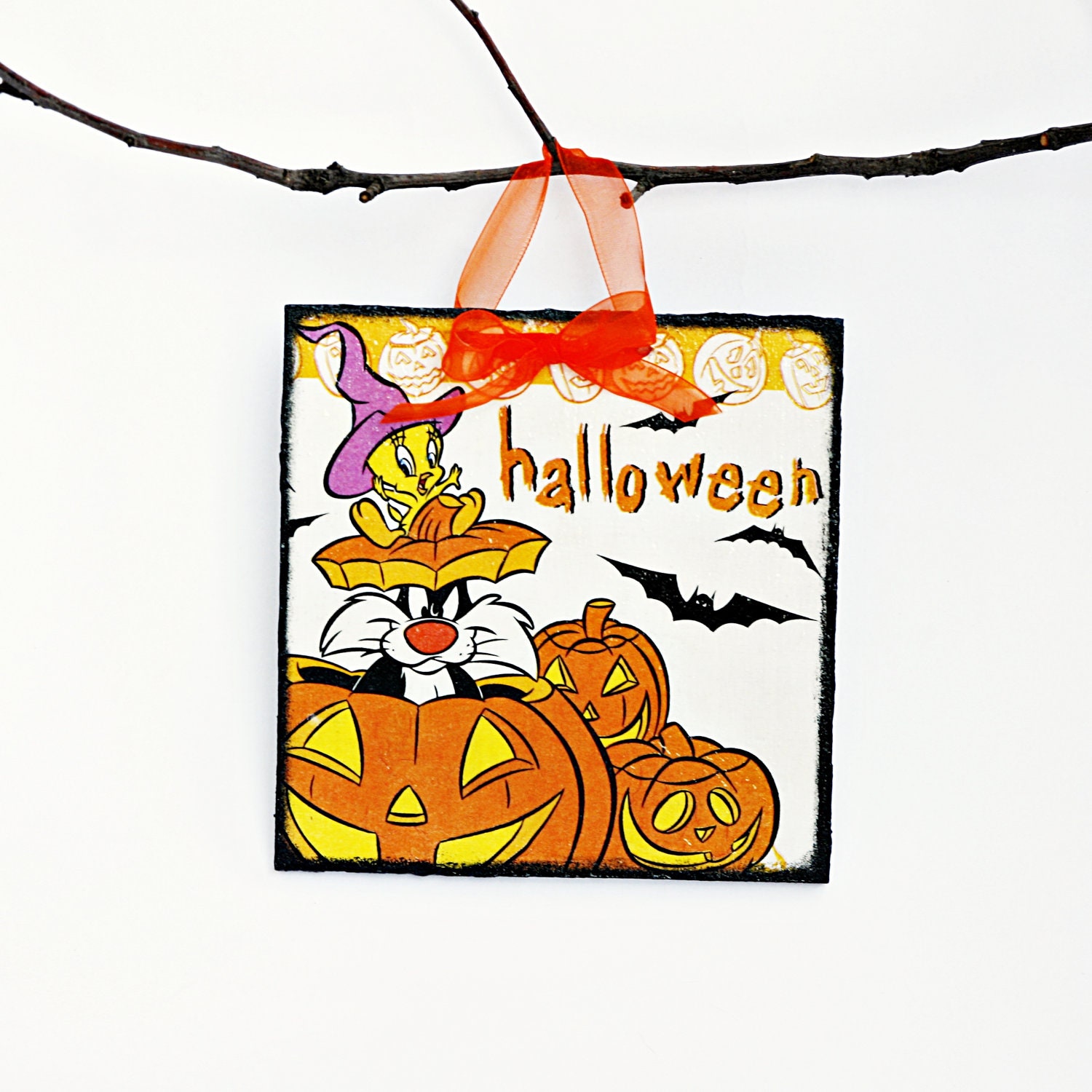 SALE 30% Halloween Decoupage Wall Panel, Home Decoration in Orange, White and Black