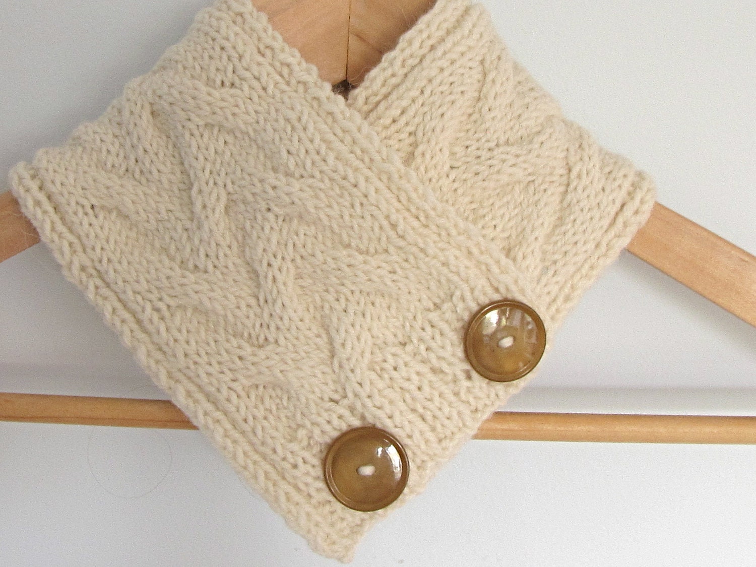Cream Knitted Scarf with Buttons - Hand Knit Cowl with Cables