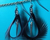 Edgy Silver Spike & Black Goose Biot Hoop Chain Earrings -Fearless Feathers