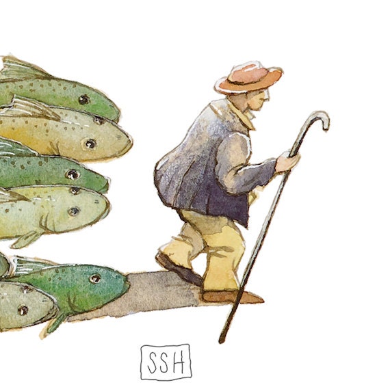 Fish Herder No. 1 watercolor original painting fairytale art flying fish Susan Sorrell Hill