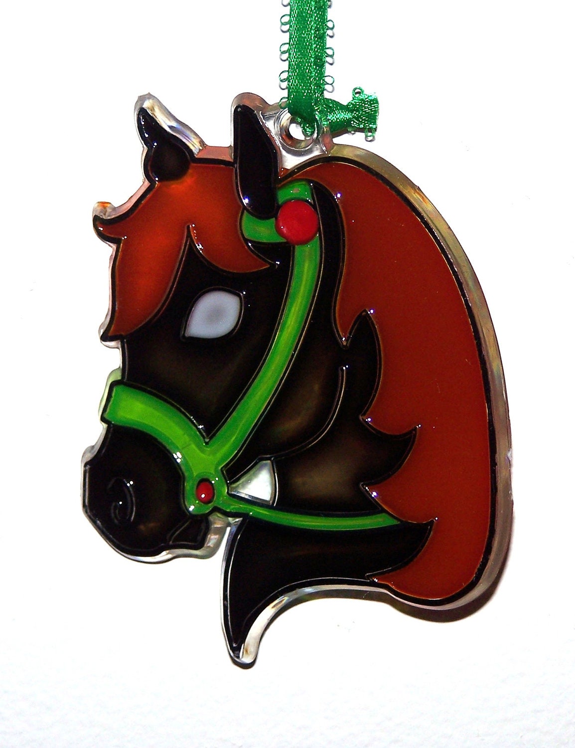 ORNAMENT- HORSE HEAD2 - Acrylic - Black - Brown - White -Green - Handpainted Home Decor