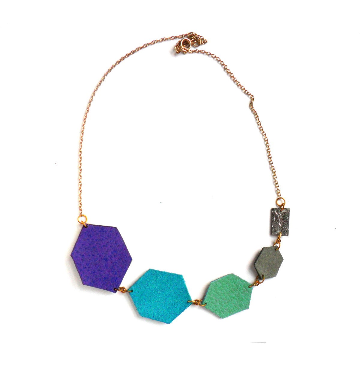 Geometric leather necklace in blue, grey, mint and purple diamond shapes