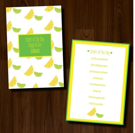 Retro, 1950s inspired, Fun, Lemon and Lime, Professionally Printed Wedding Order of Service/Ceremony Program Il_570xn
