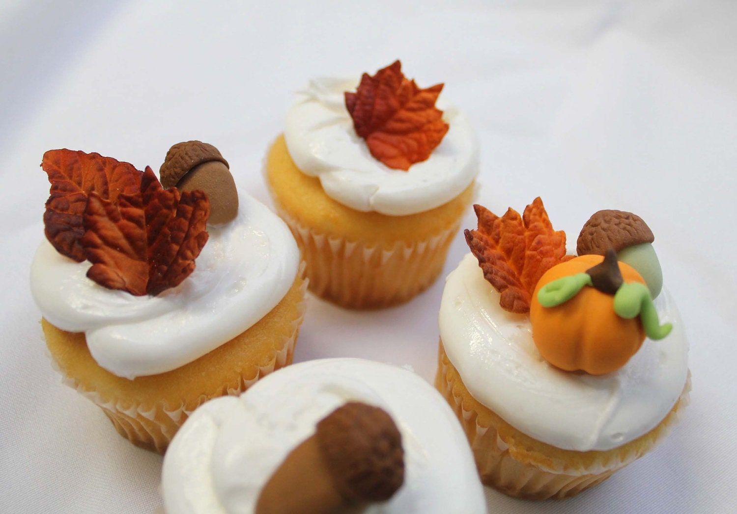 Fall Leaves, Pumpkins, and Acorns - qty 24- Fondant fall decoration great for cupcakes, birthday partys, wedding cake