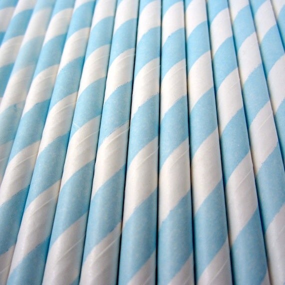 25 LIGHT BLUE and WHITE Striped Paper Straws with Party Flags - Cake Accessory Lollipop Sticks - Baking Craft Party Supplies Il_570xn