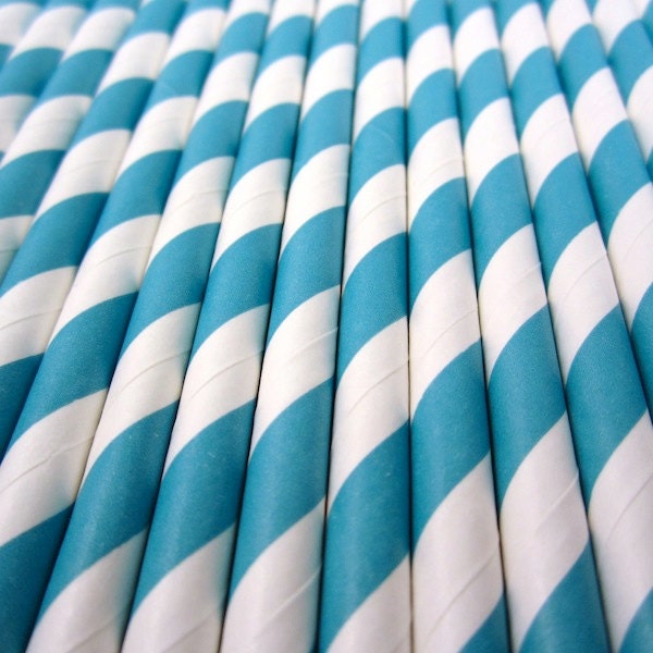 25 TURQUOISE and WHITE Striped Paper Straws with Party Flags - Cake Accessory Lollipop Sticks - Baking Craft Party Supplies Il_570xn