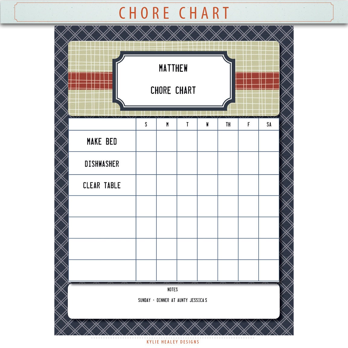 Boys  Weekly Chore Chart - Editable CU OK  Instant Digital Download & Printable