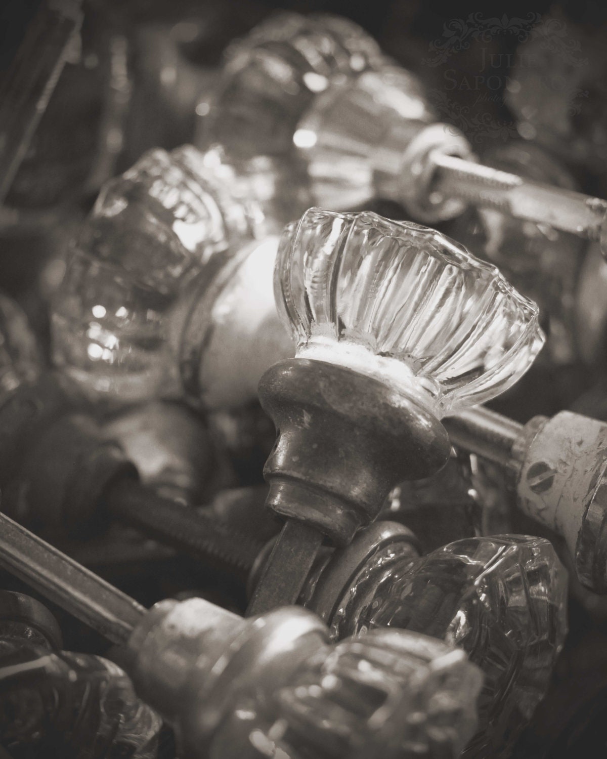 Salvage - 8x10 Original Fine Art Photograph (home decor, vintage, door knob, crystal, black and white)