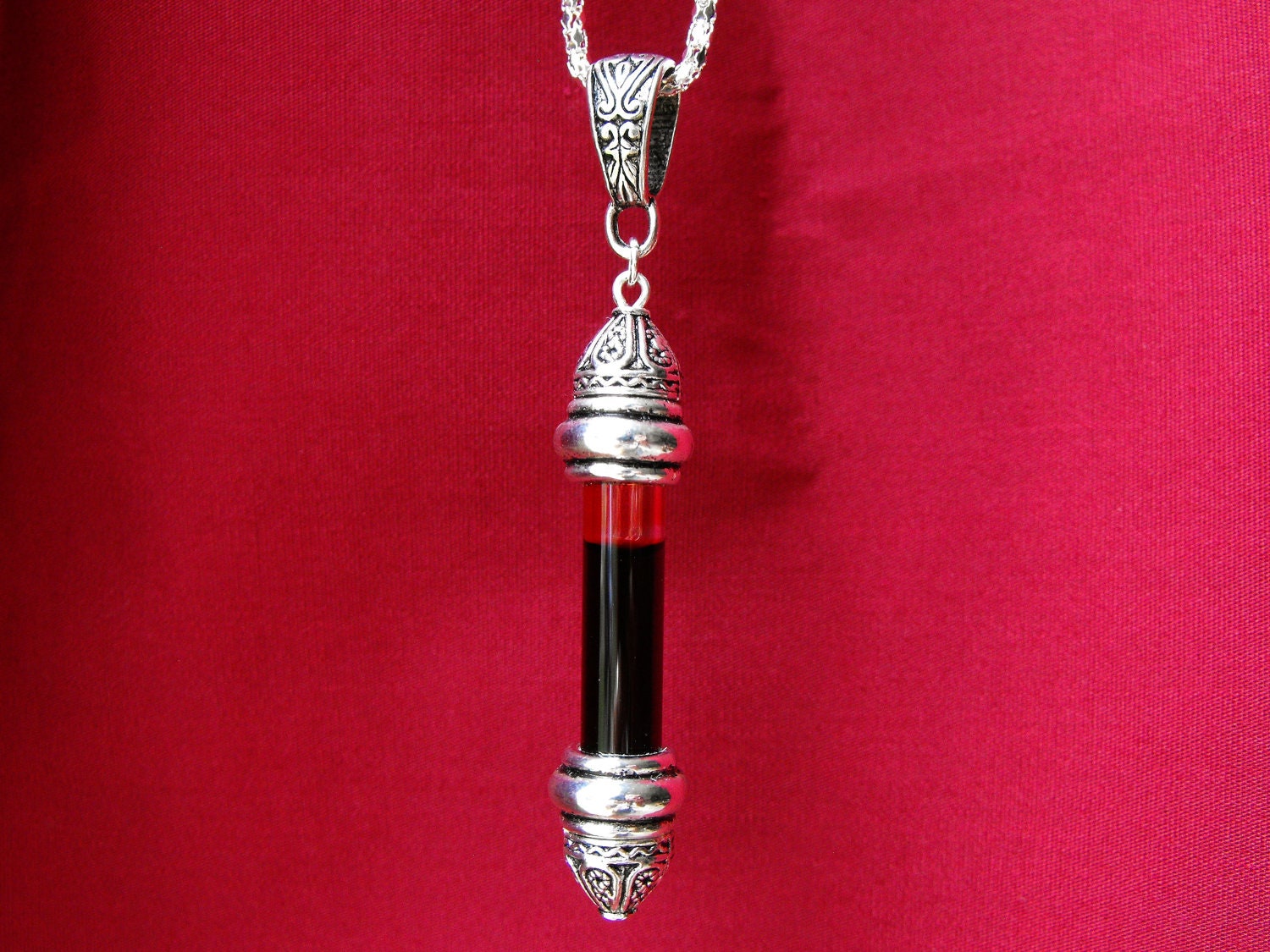 Roman Column - Vial of Blood Pendant - Silver Memento Mori Vampire Necklace - by Amanda Olivo