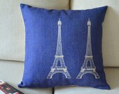 1 handmade linen cotton blue background two simple Frace Eiffel Tower printed decorative pillow case / cushion cover 45cmx45cm