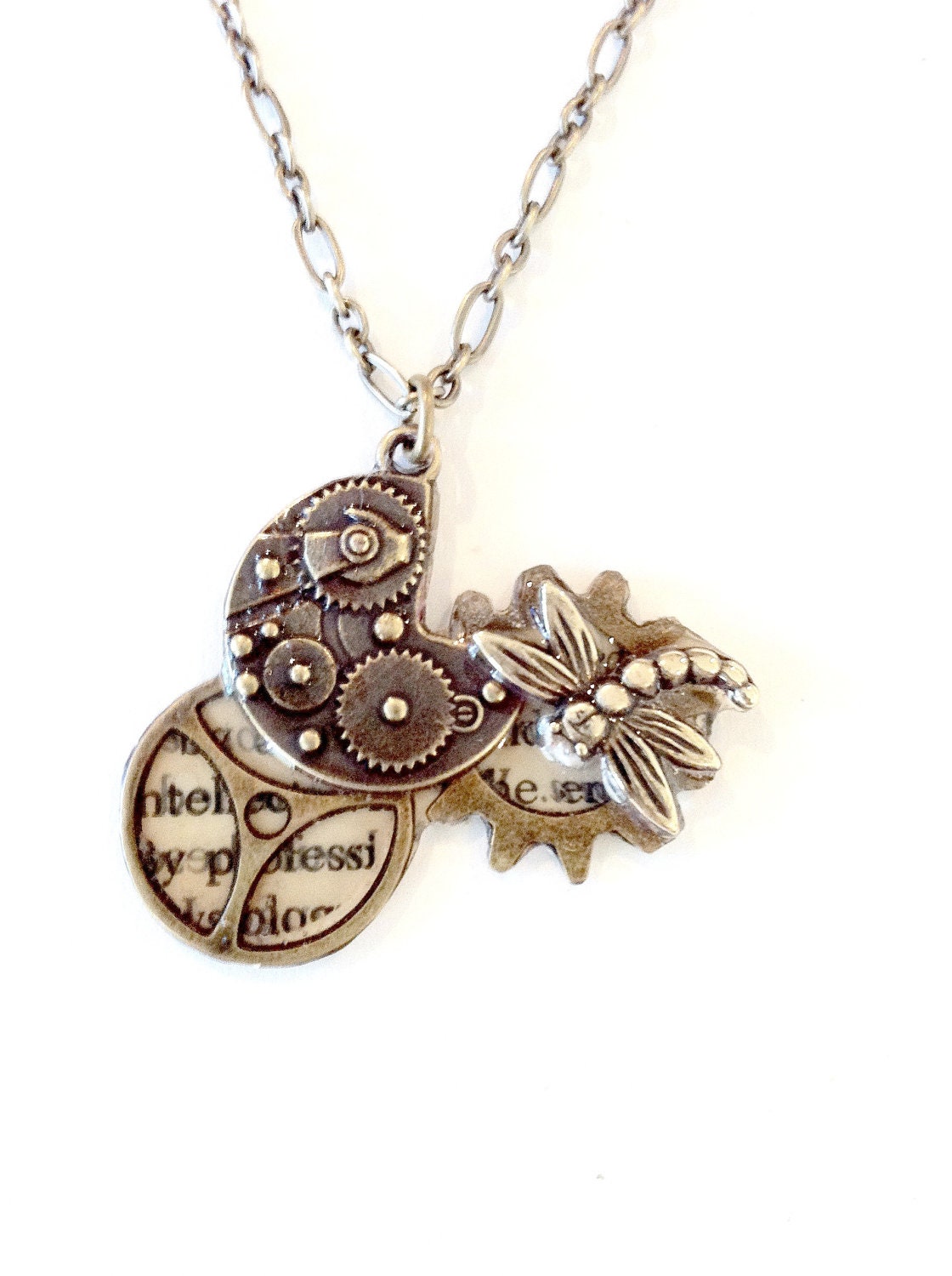 Gears and Cogs necklace Steampunk Dragonfly antique silver Handmade Graduation Gift Free US Shipping