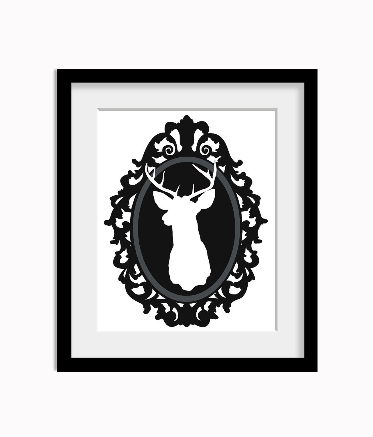 Mounted Deer Head Stag Antler Buck Poster Fancy Frame Digital 8x10 Art Print Modern Home Decor Affordable Wall Art - Black & Dk Gray