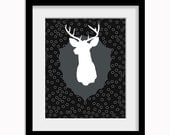 Mounted Deer Head Stag Antler Buck Poster Simple Frame Digital 8x10 Art Print Modern Home Decor Affordable Wall Art - Black & Gray