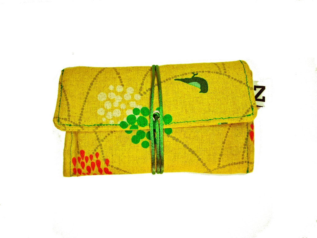 Tobacco pouch "Yellow Birdie" / Linen - Cotton, medium weight Fabric pouch / Kokka, Echino fabric