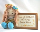Vintage Cross Stitch Needlework. Wood Frame: "Grandmothers Always Have Time." Retro Needlework.