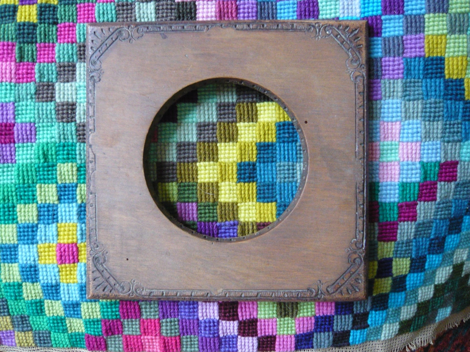 antique little french square frame with a carved rim and a circle opening carved too,shabby chic,cottage chic.