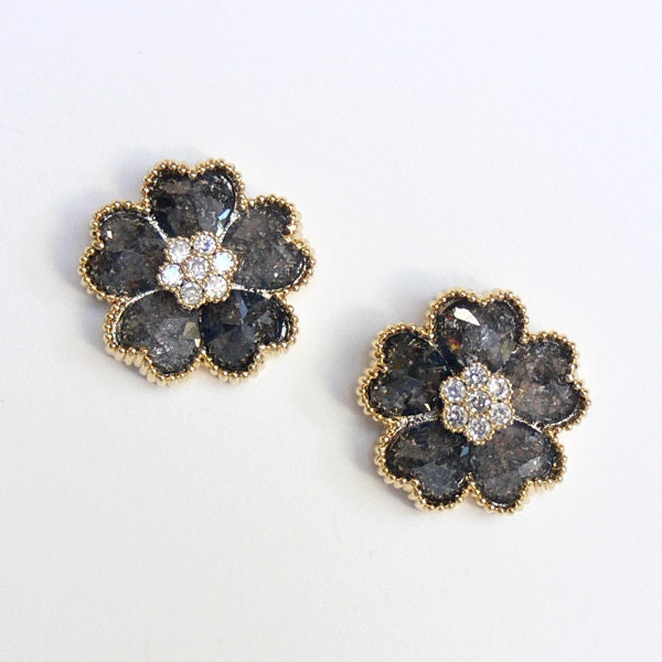 Sparkling Shimmering Dark Gray Golden Flower Accented with Crystal Stud Earrings